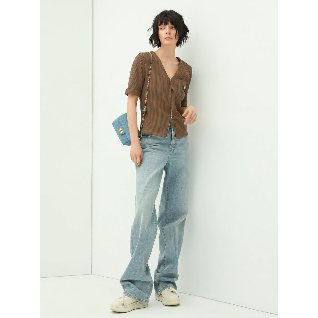 Classic Bleached Low Waist Straight-leg Blue Jeans-0