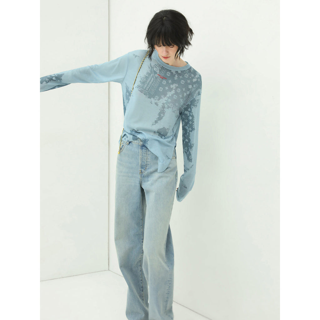 Classic Bleached Low Waist Straight-leg Blue Jeans-1