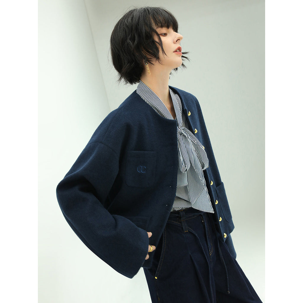 Classic Collarless Navy Woolen Jacket-1