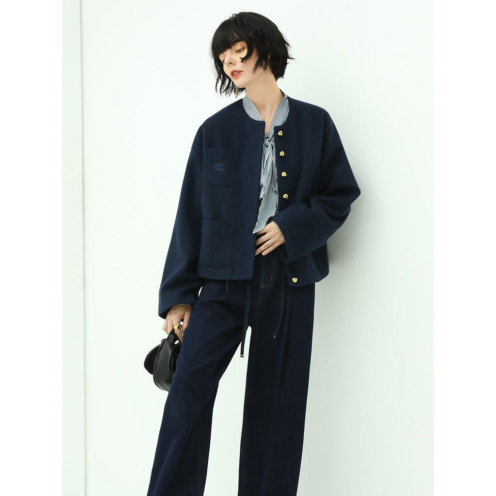 Classic Collarless Navy Woolen Jacket-2