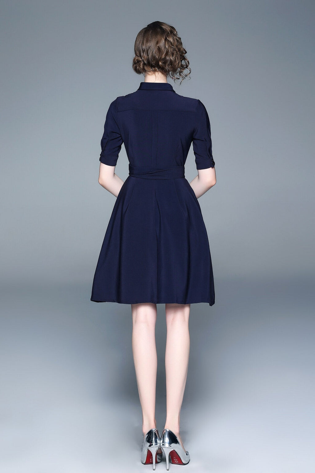 Classic Navy Blue Belted Shirt Dress-3