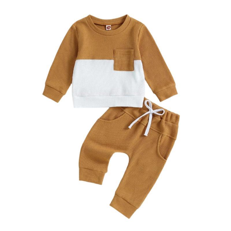Color Matching Sweater With Chest Pocket & Lace-Up Sweatpants 2-Piece Baby Boy Casual Clothing Set For 0-3 Year Olds