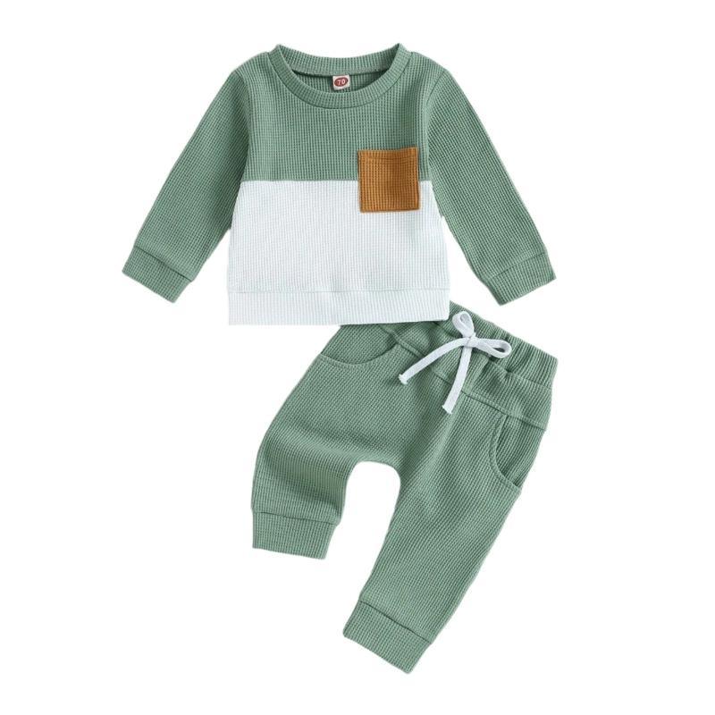 Color Matching Sweater With Chest Pocket & Lace-Up Sweatpants 2-Piece Baby Boy Casual Clothing Set For 0-3 Year Olds