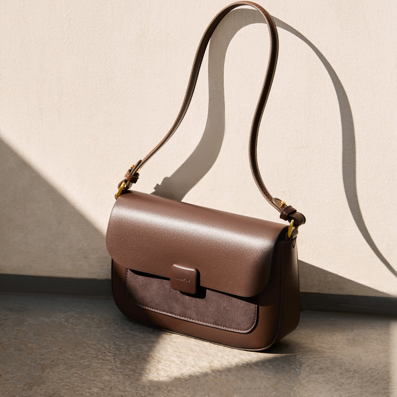 Compact Coffee Leather Box Shoulder Bag-3