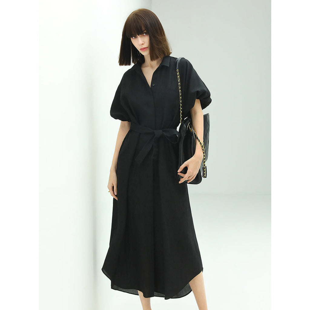Corporate Puff Sleeved Belted Shirt Dress-0