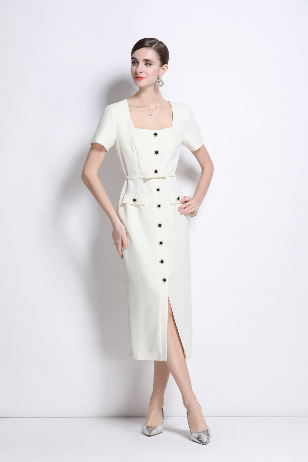 Daisy White Square Neck Short Sleeve Slim Fit Dress-1