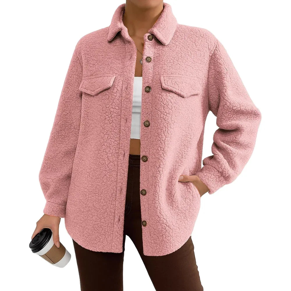 Women's Solid Color Long-Sleeved Lapel Fleece Jacket