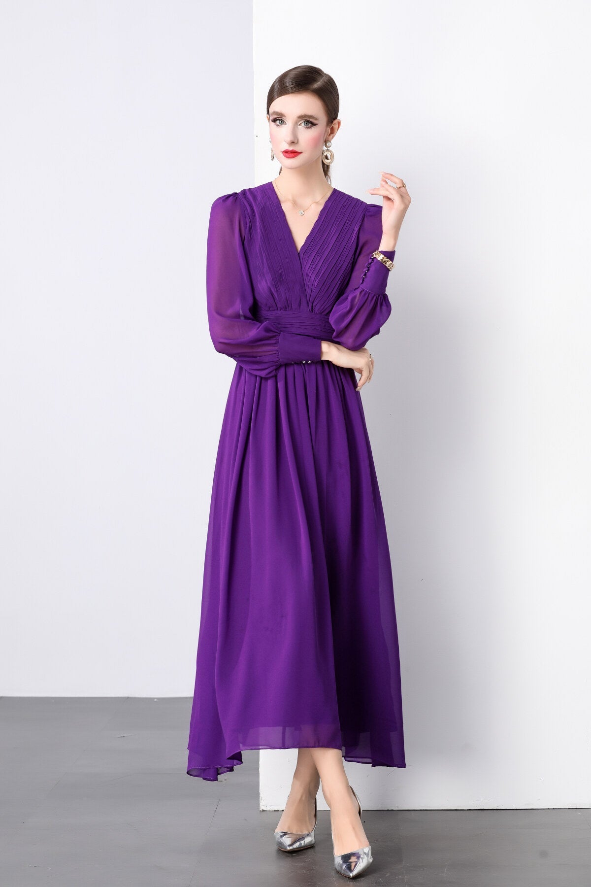 Deep Purple Long Sleeve V Neck Ruched Waist Maxi Dress-1