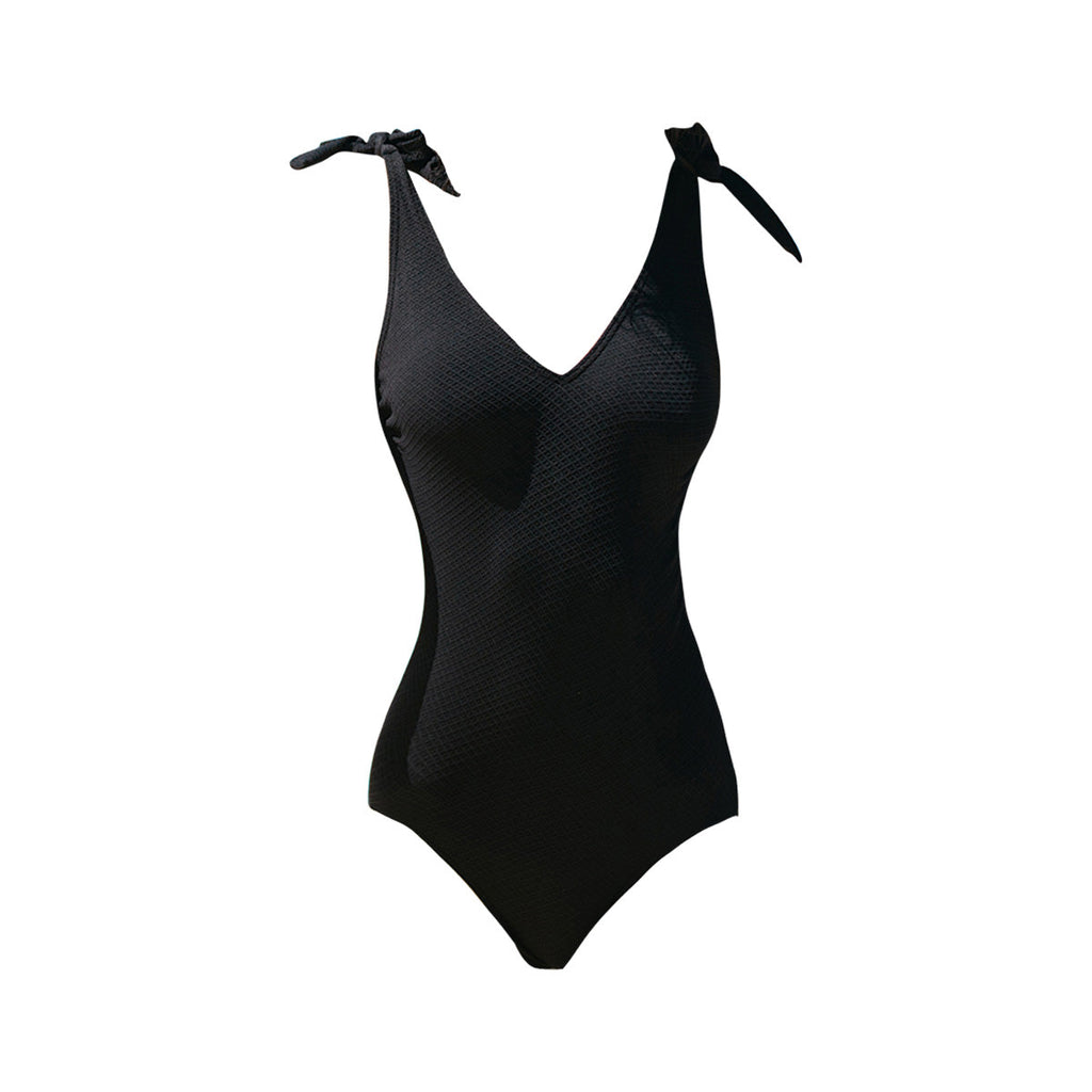 Deep V Neck Shoulder Tie Black Swimsuit-3