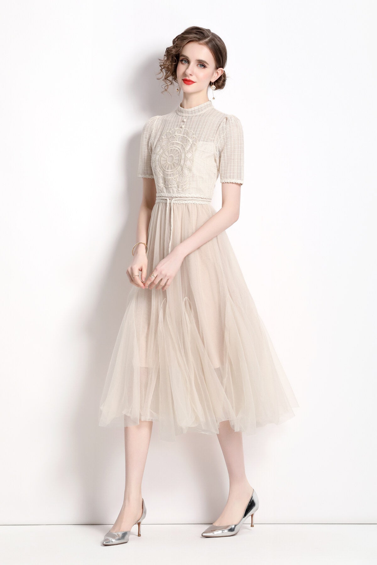 Delicate Mesh High Waisted Midi Dress-1