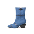 Cross Buckle Straps Denim Blue Mid Thigh Boots-0