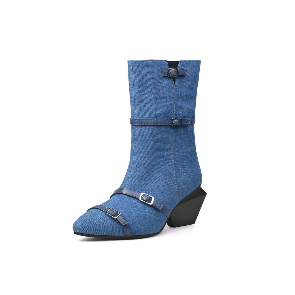 Cross Buckle Straps Denim Blue Mid Thigh Boots-1