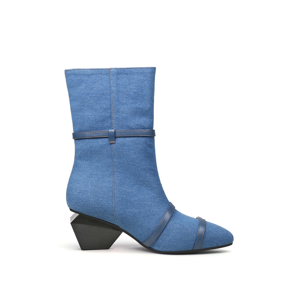 Cross Buckle Straps Denim Blue Mid Thigh Boots-2