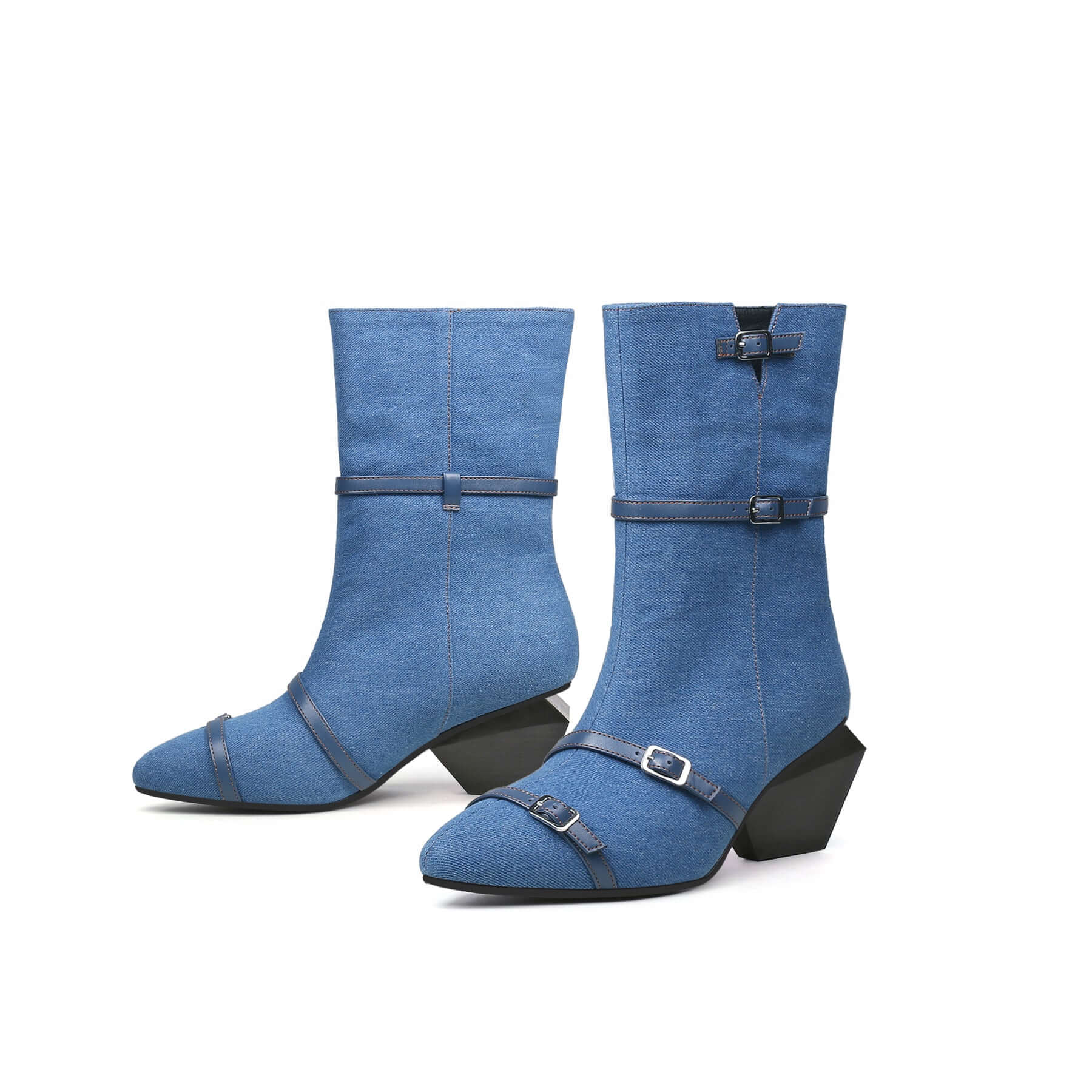 Cross Buckle Straps Denim Blue Mid Thigh Boots-4