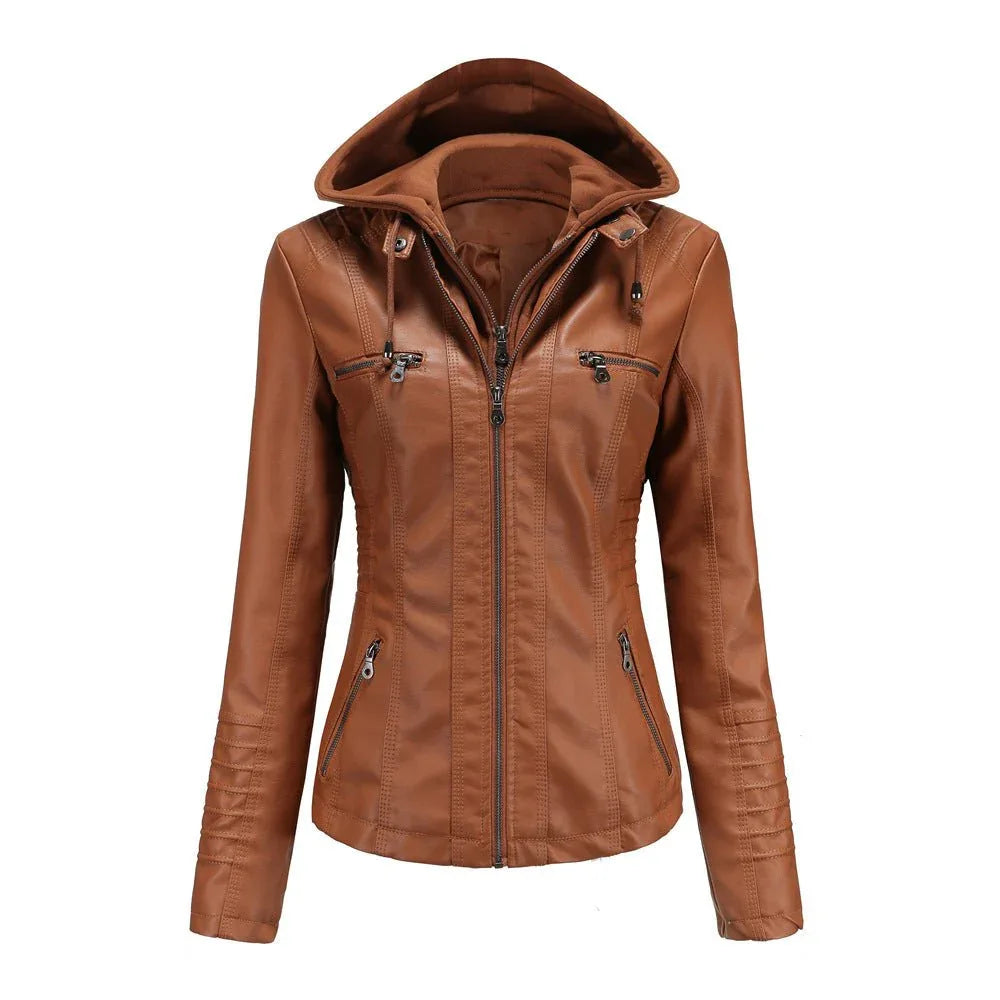 Detachable Two-Piece Hooded Leather Jacket For Women