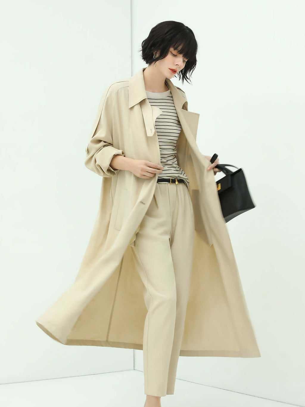Double Breasted Mid-Length Military Style Beige Trench Coat-2