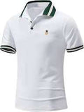 White polo shirt with green accents on a plain background