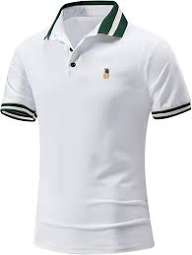 White polo shirt with green accents on a plain background