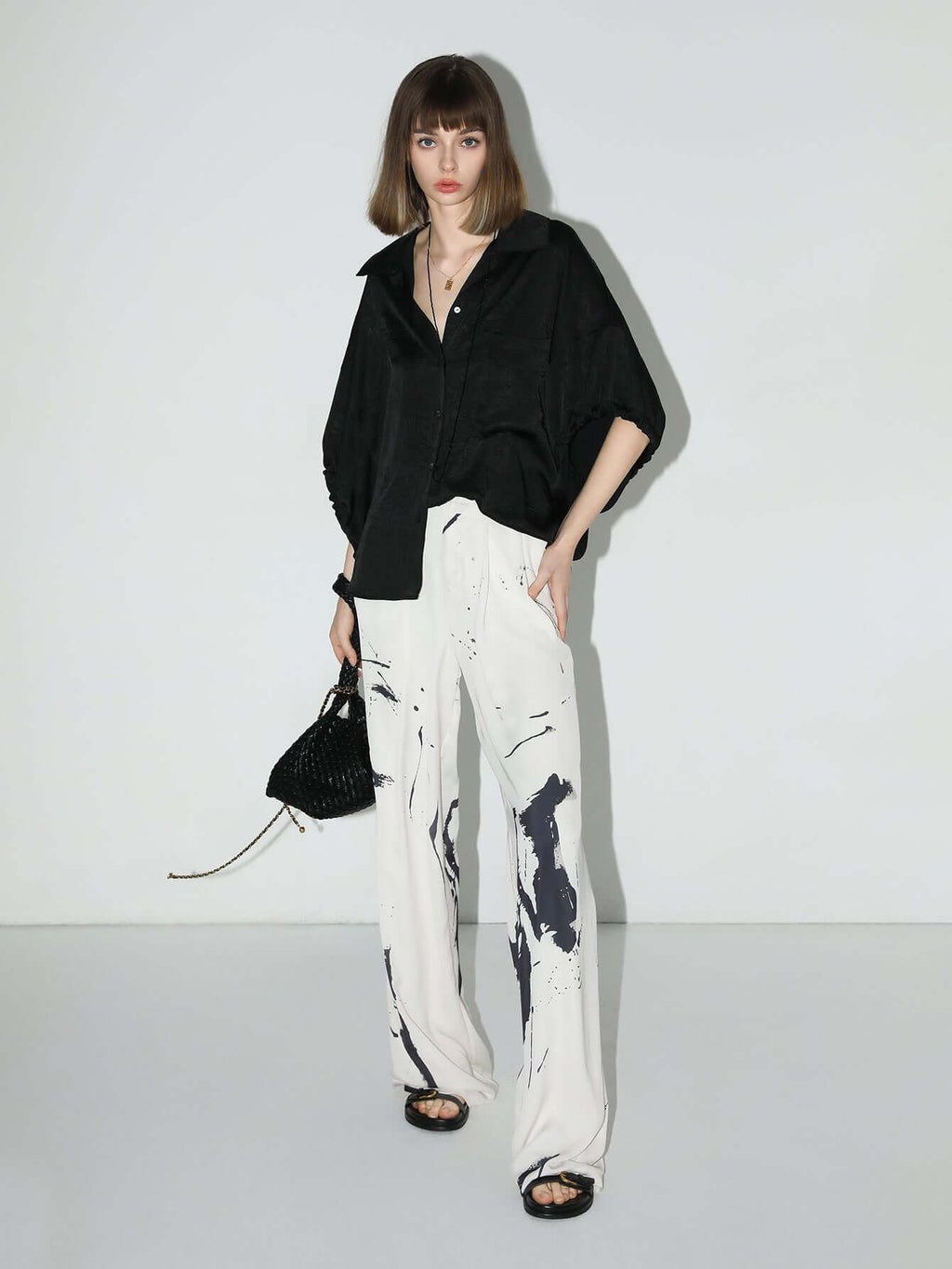 Draped Black Satin Batwing Shirt-0