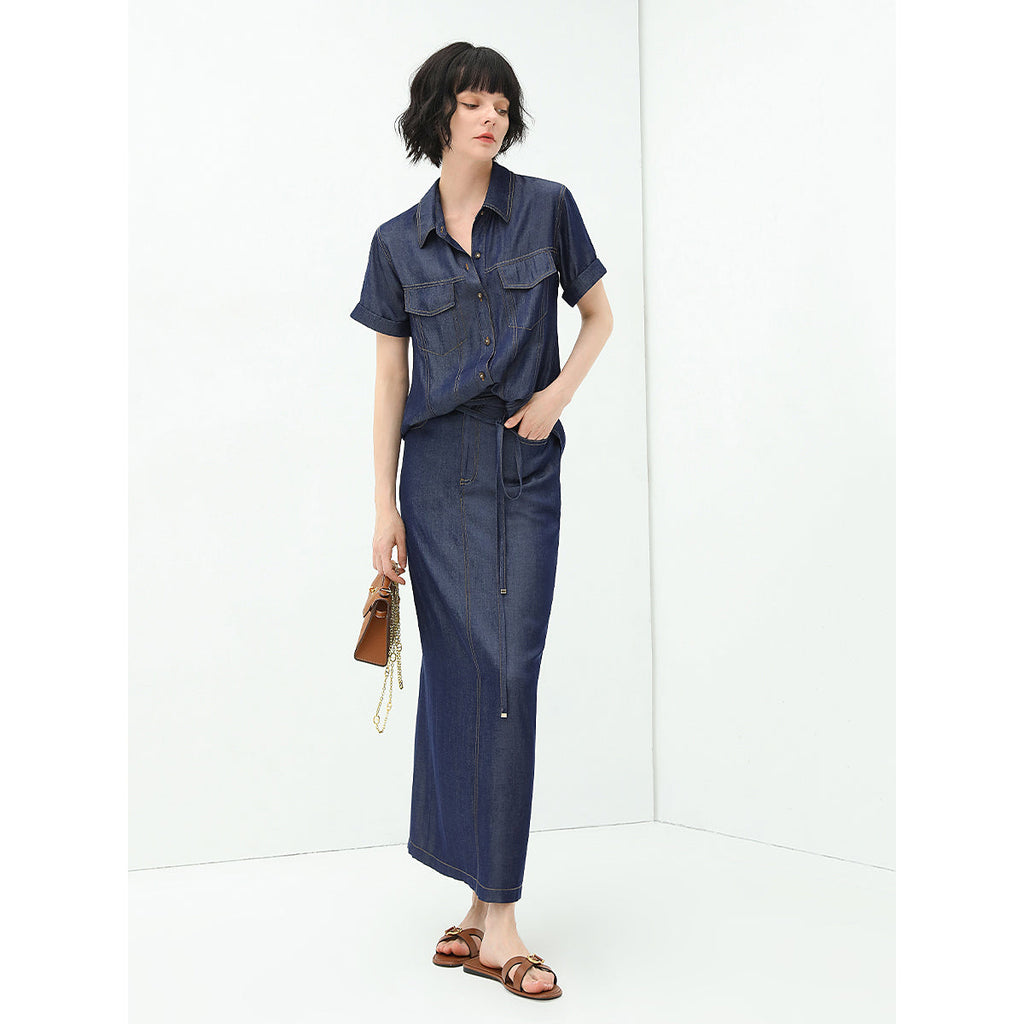 Drawstring High Waist Navy Denim Skirt-1