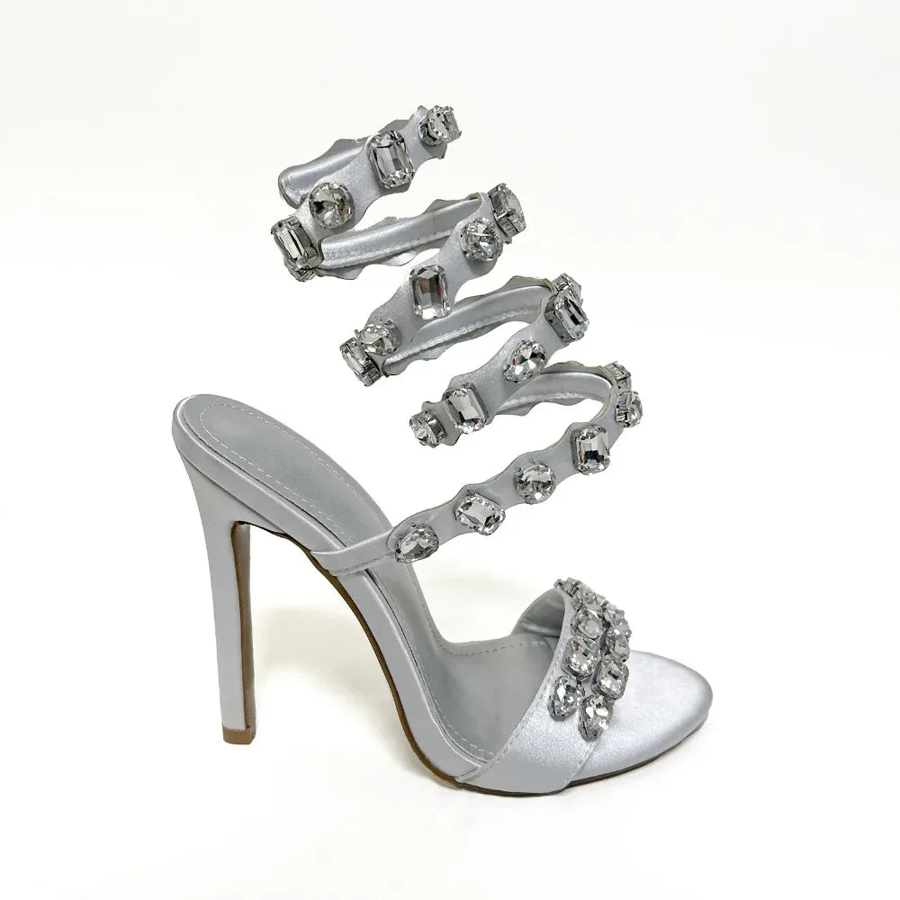 11cm Stiletto Heel Small Round Toe Satin Surface Rhinestone High-Heeled Sandals Summer Rivet