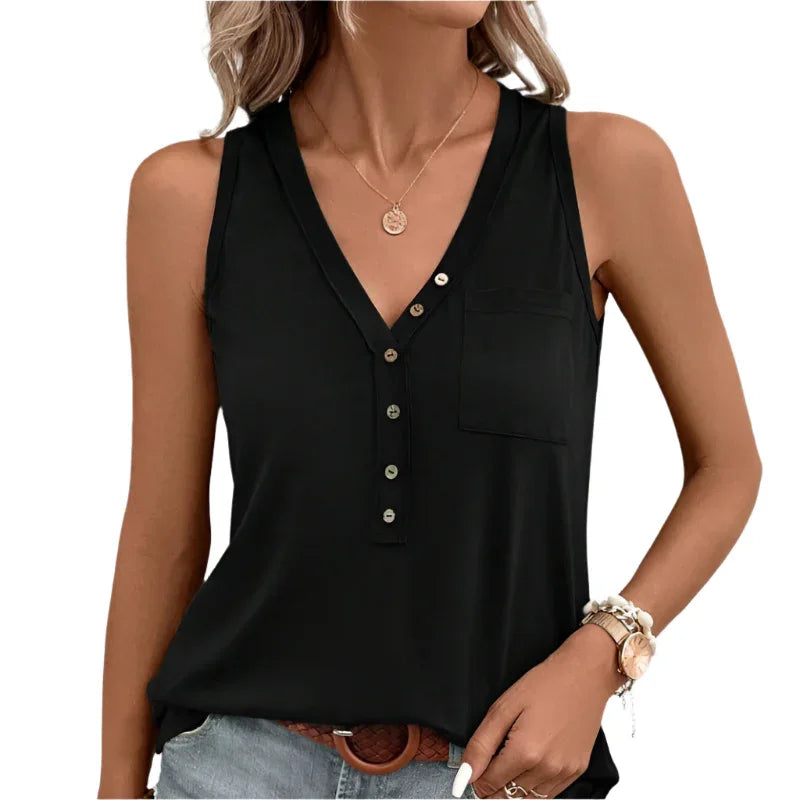 Casual Women's Half Button Spliced Pocket Vest T-Shirt Top