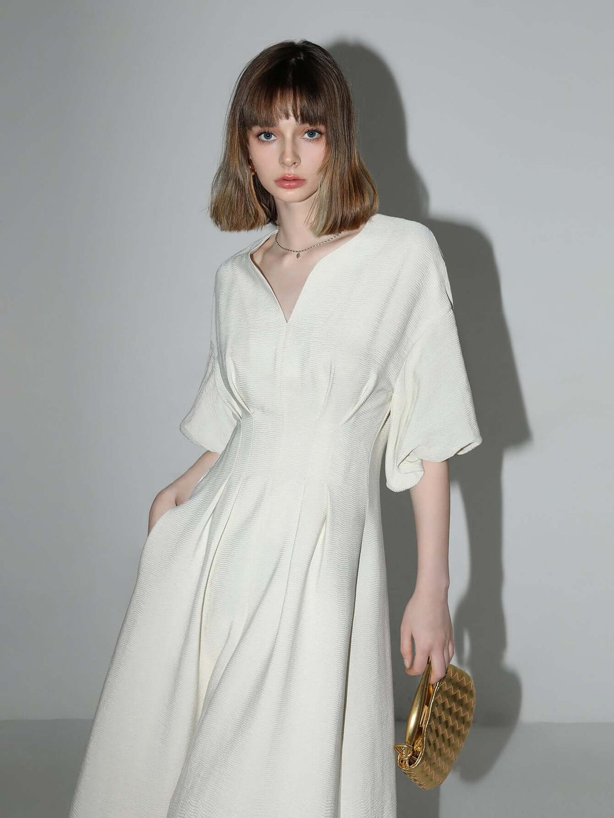 Elegant Textured Pleated French Tea Dress