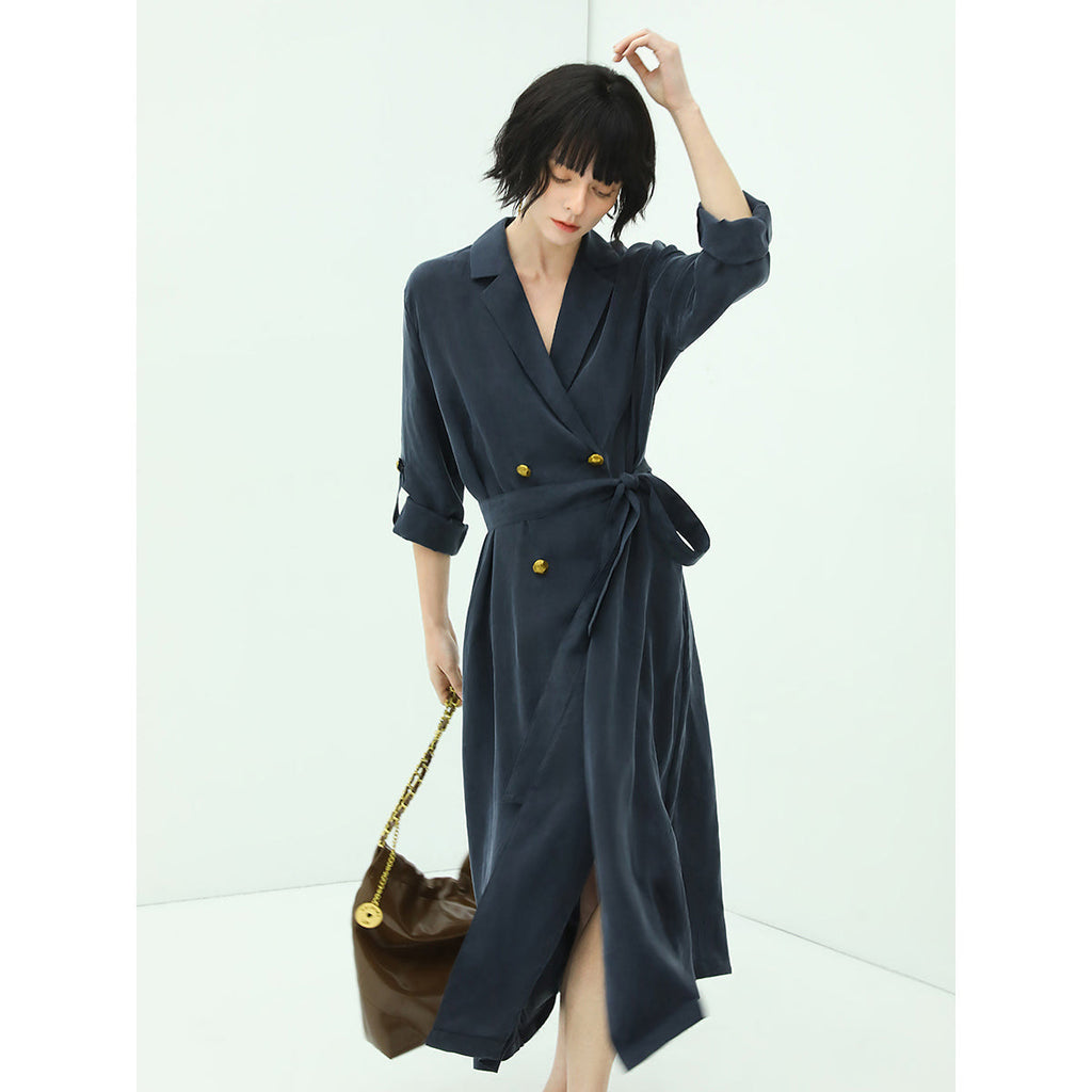 Elite Double Breasted Silk Drape Navy Blazer Dress-0