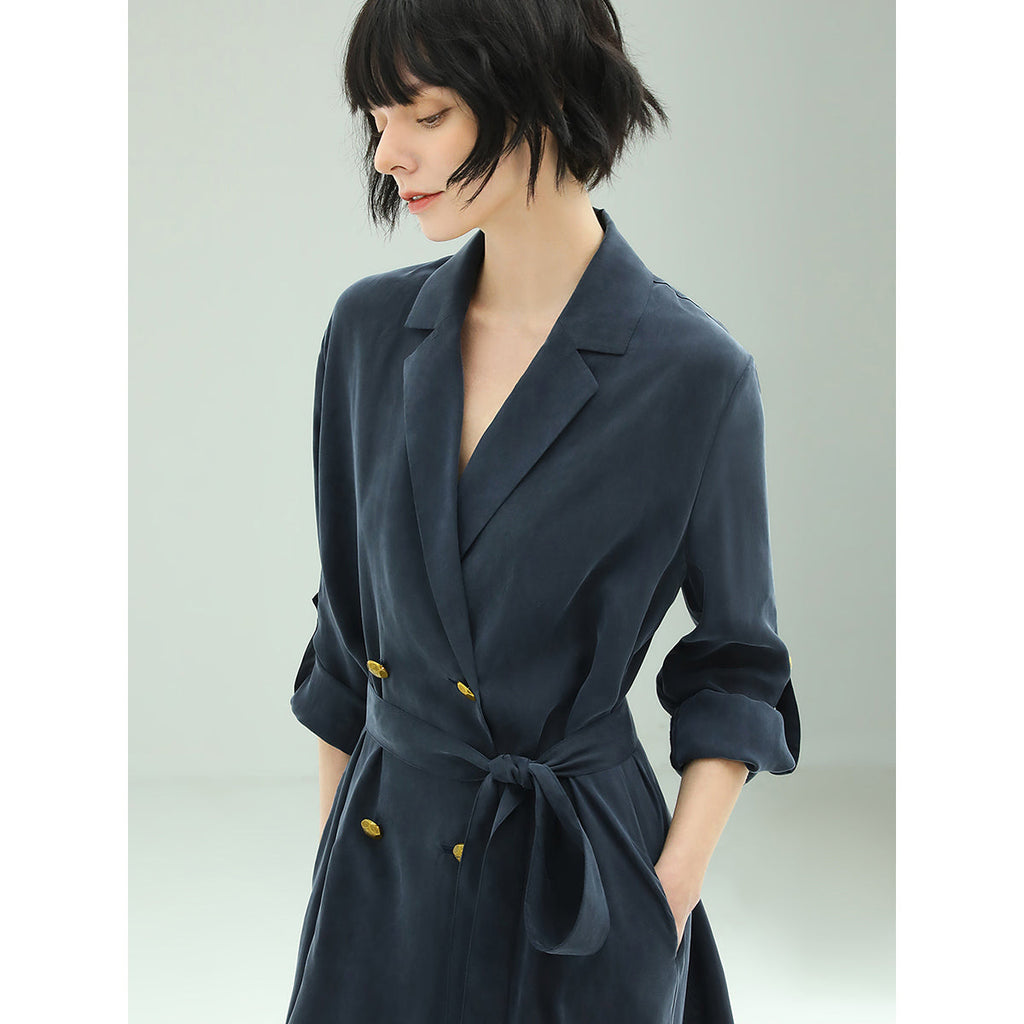 Elite Double Breasted Silk Drape Navy Blazer Dress-2