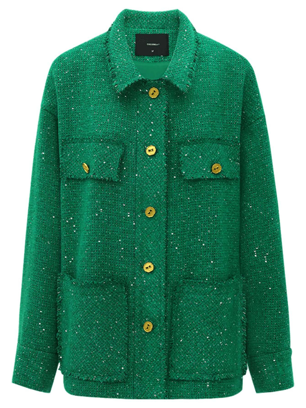 Emerald Green Single Breasted Tweed Coat with Gold Buttons-3