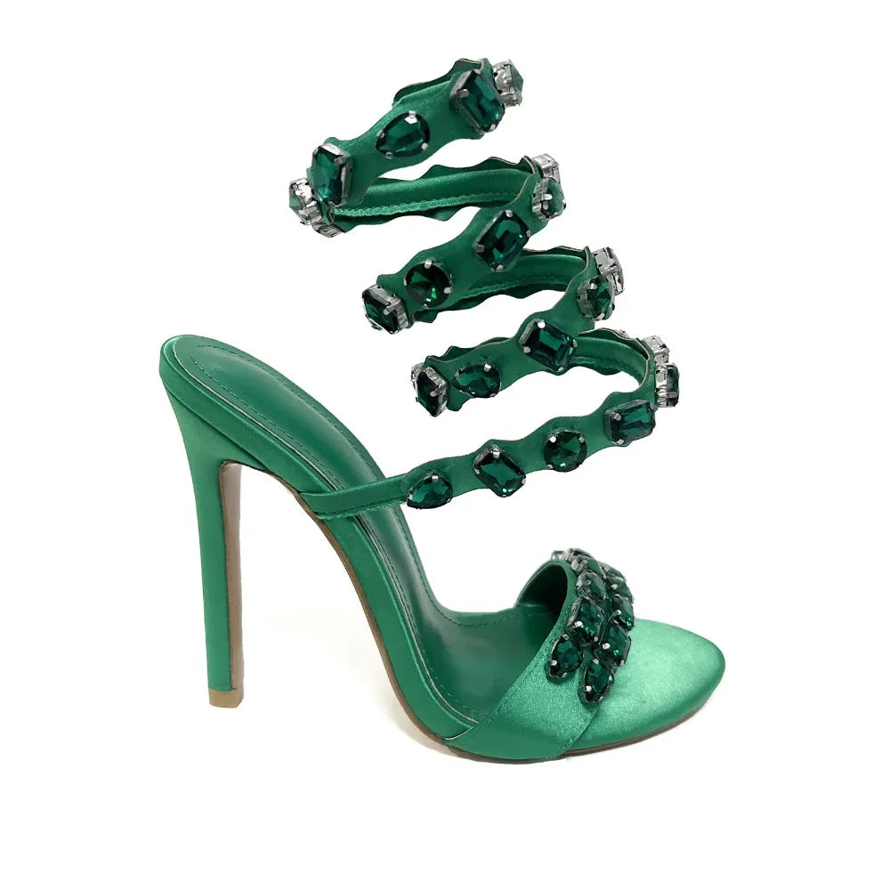 11cm Stiletto Heel Small Round Toe Satin Surface Rhinestone High-Heeled Sandals Summer Rivet