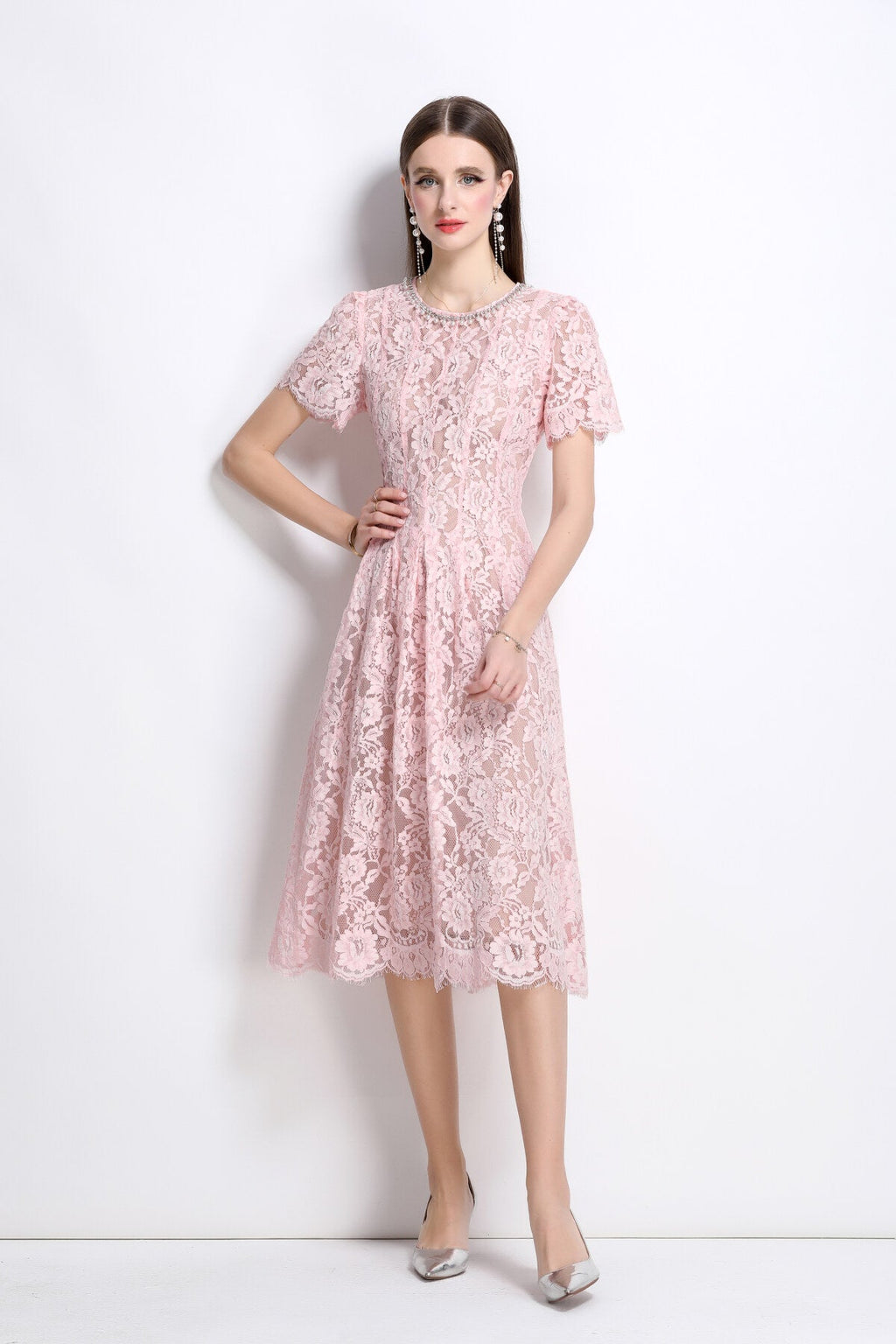 Flamingo Pink Sheer Floral Lace Dress