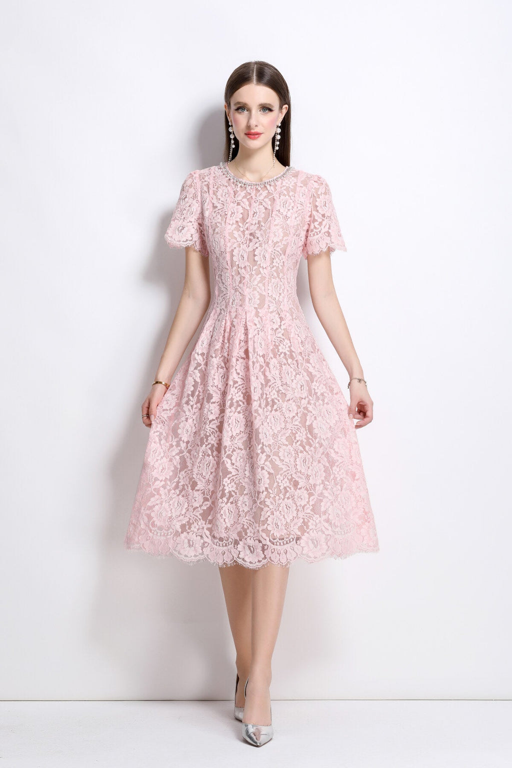 Flamingo Pink Sheer Floral Lace Dress