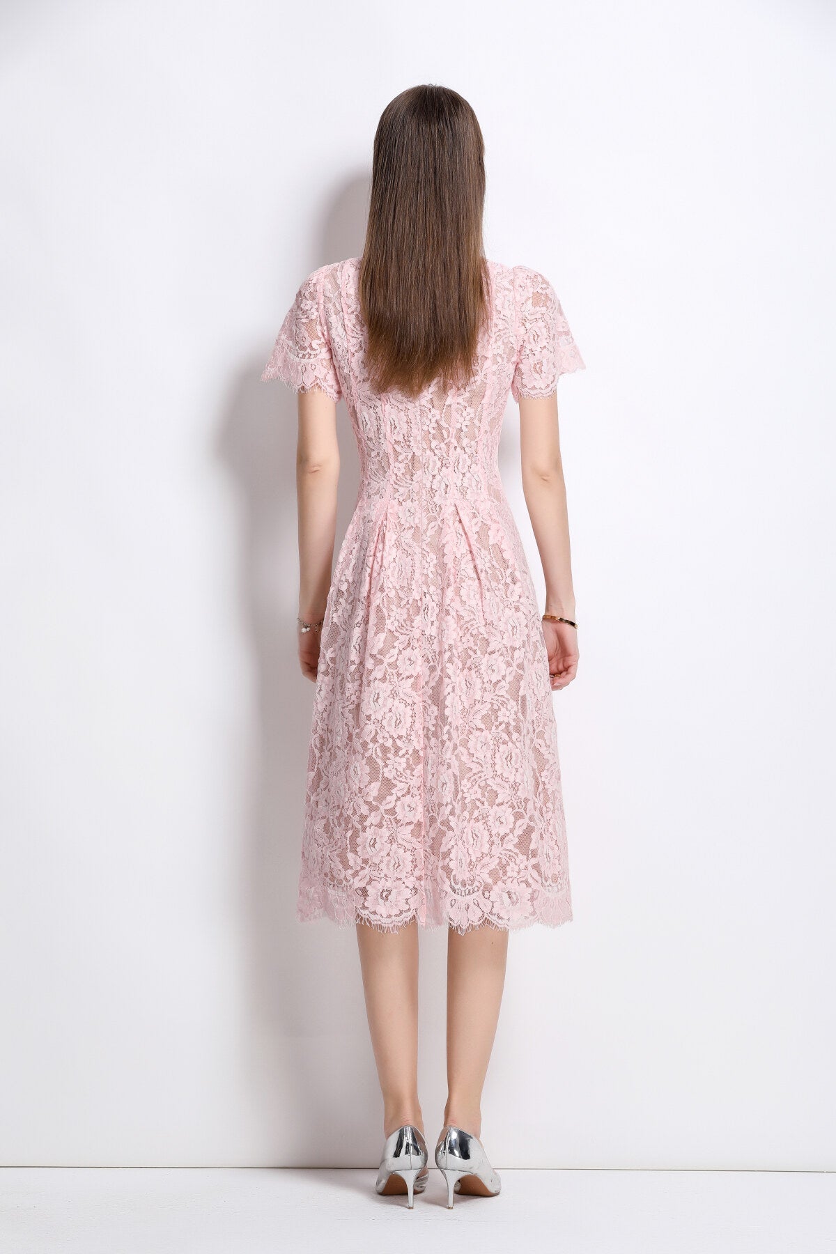 Flamingo Pink Sheer Floral Lace Dress