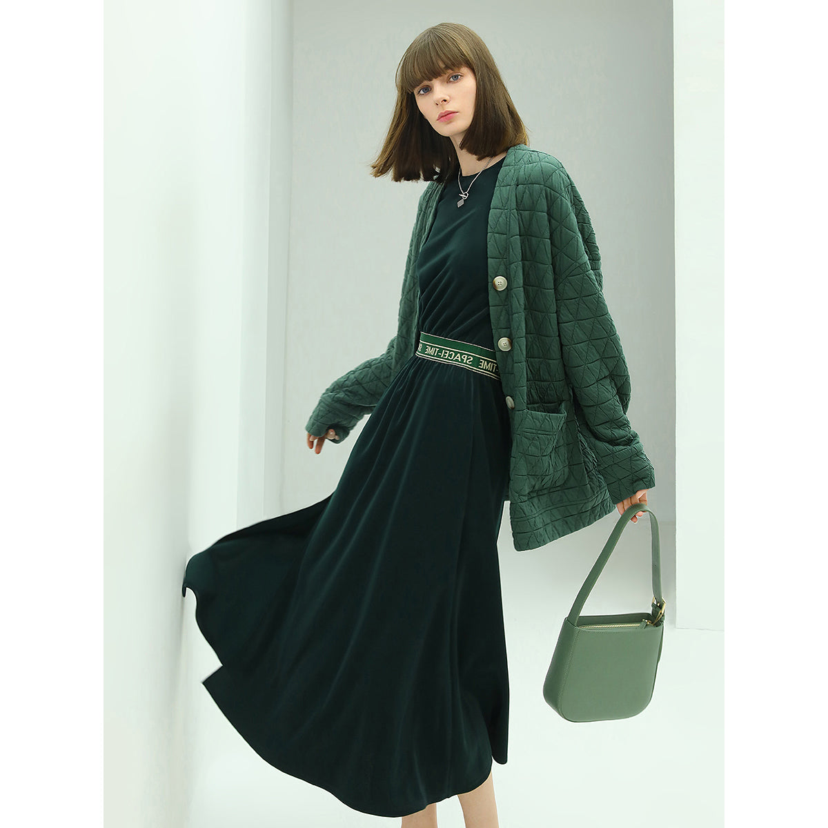 Floor Length Liquid Green Dress with Capped Sleeves-2
