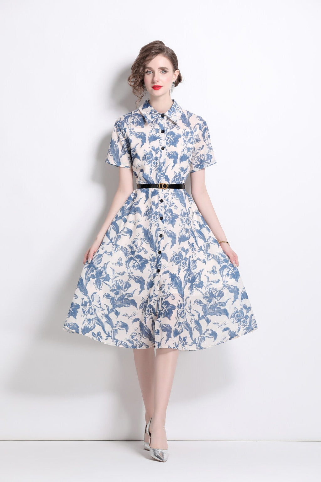 Floral Cinched Waist A Line Work Shirt Dress-2