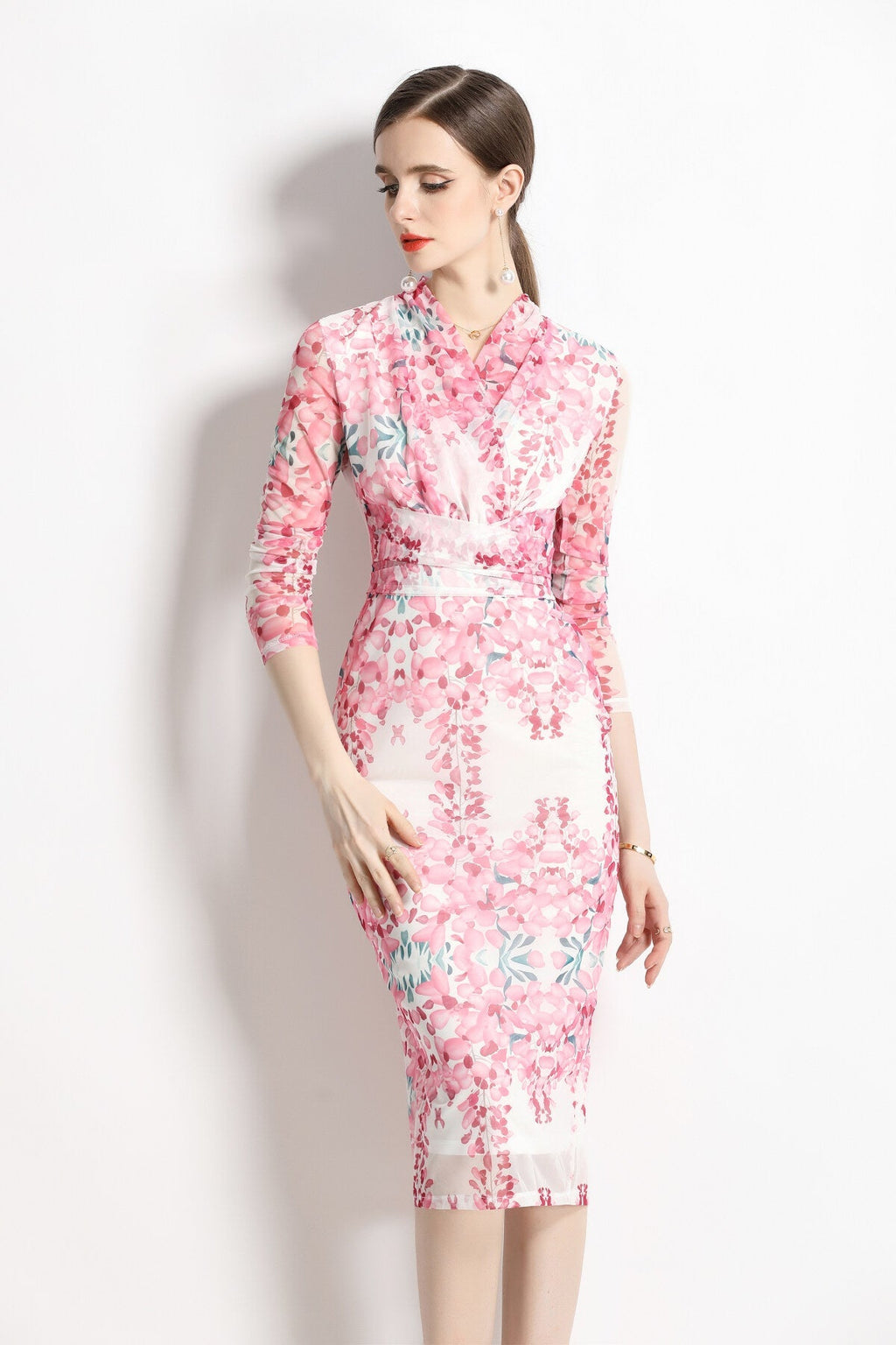 Floral Pink Plunging Fitted Garden Party Midi Dress