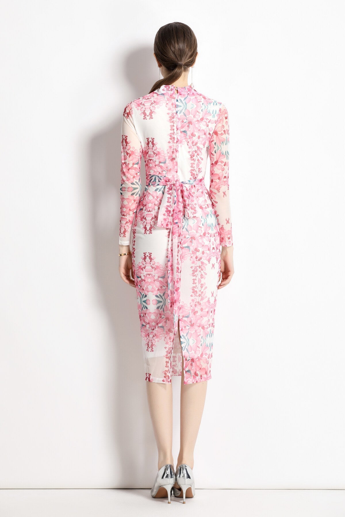 Floral Pink Plunging Fitted Garden Party Midi Dress