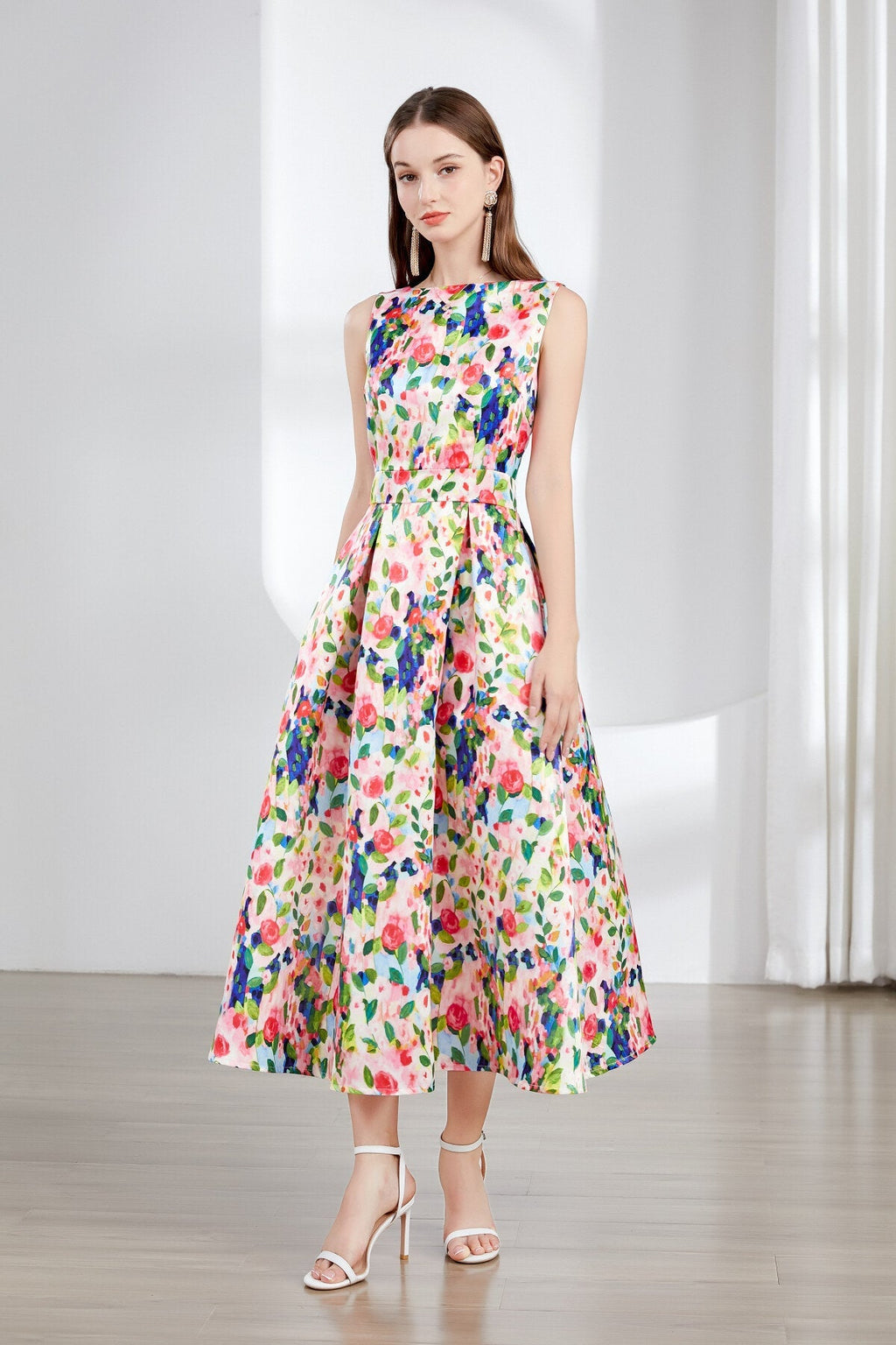 Floral Sleeveless Boatneck Flared A Line Midi Dress