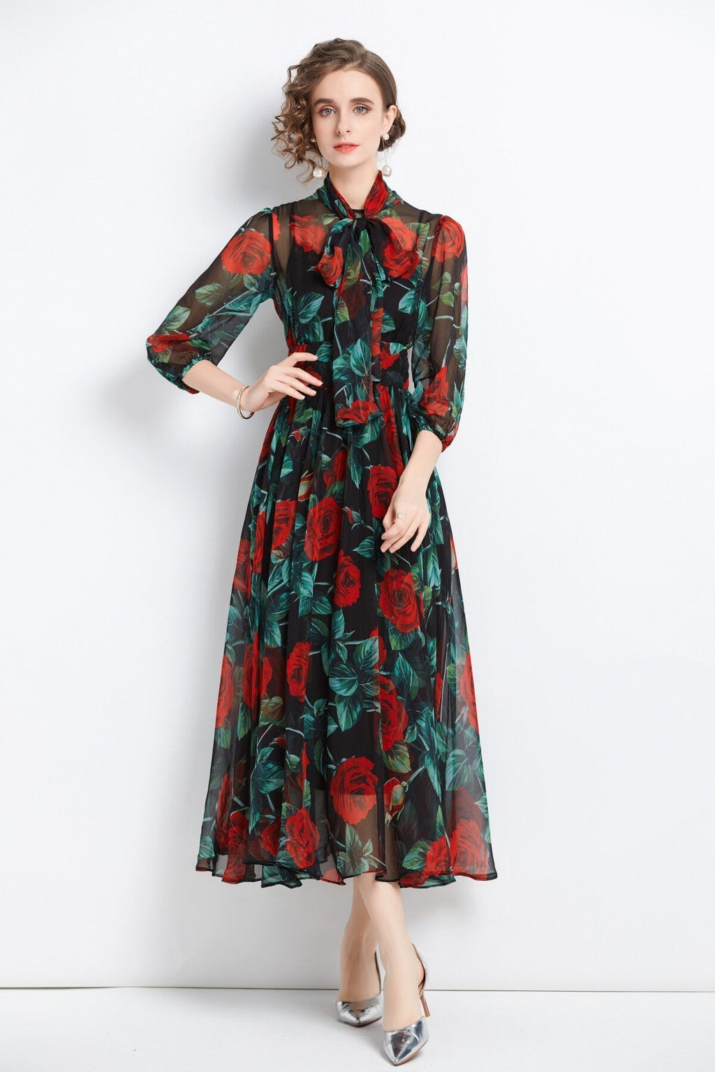 Flowy Floral Chiffon Vacation Dress-0