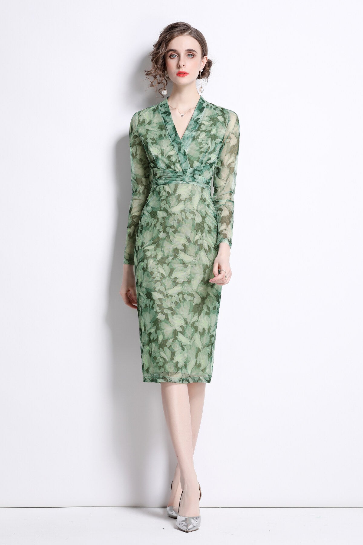 Form Fitting V Neck Mesh Floral Green Tea Dress-0