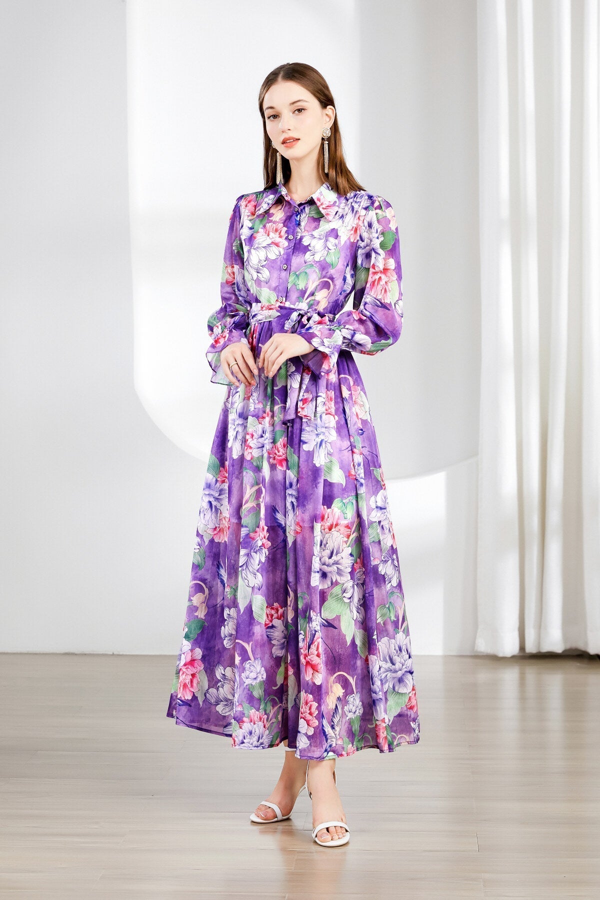 Fragrant Lavender Ruched Waist Ruffle Cuff Long Dress-1