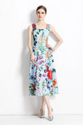 French Vintage Blue Floral High Waist Thick Strap Dress