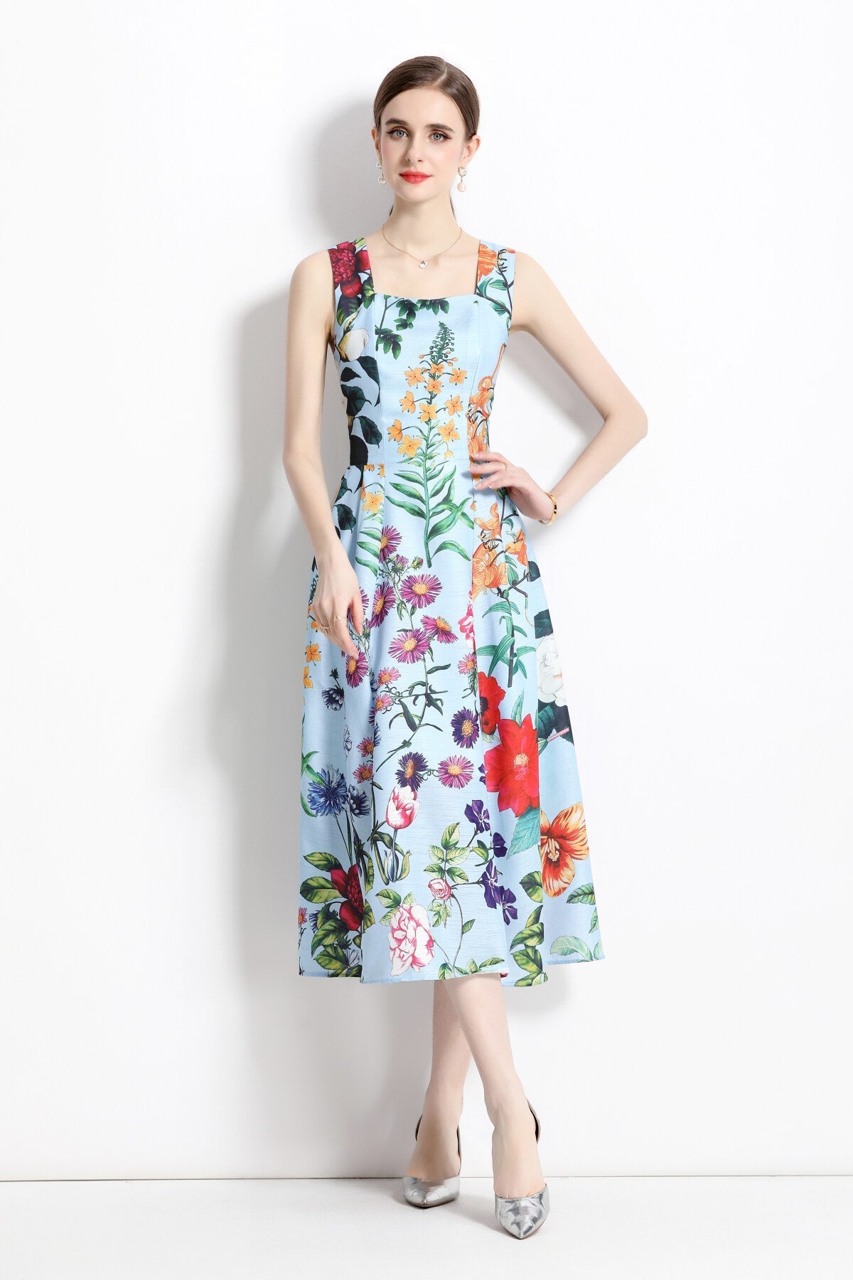 French Vintage Blue Floral High Waist Thick Strap Dress