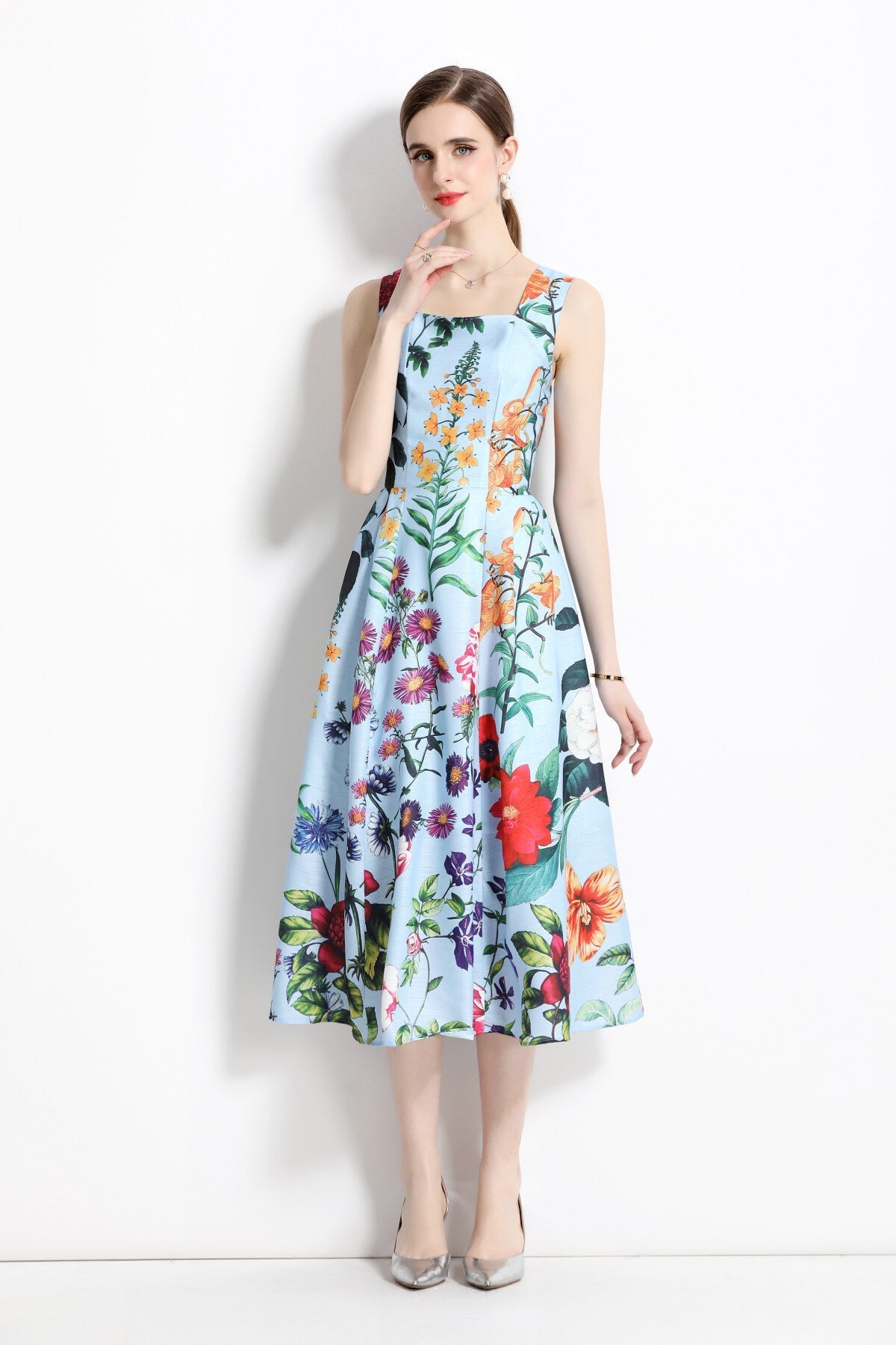 French Vintage Blue Floral High Waist Thick Strap Dress