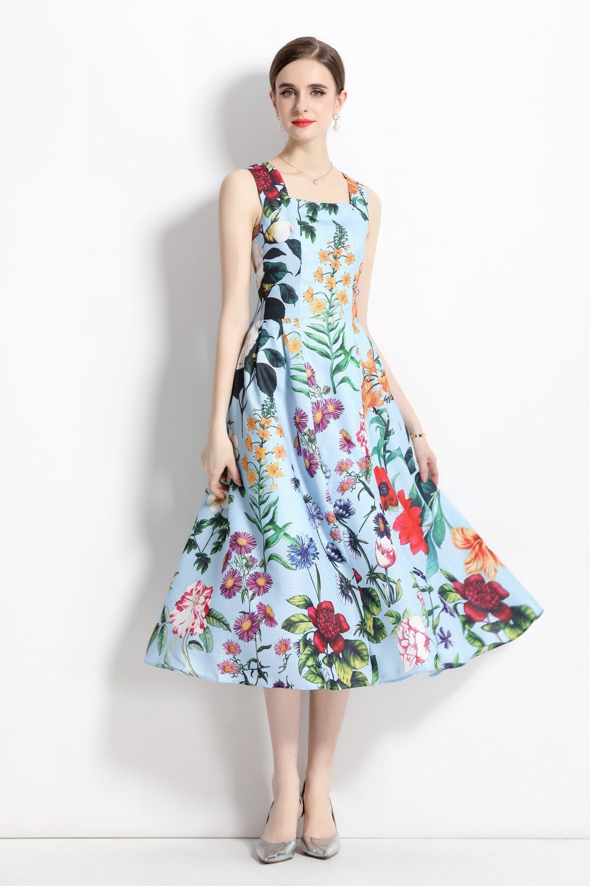 French Vintage Blue Floral High Waist Thick Strap Dress-2