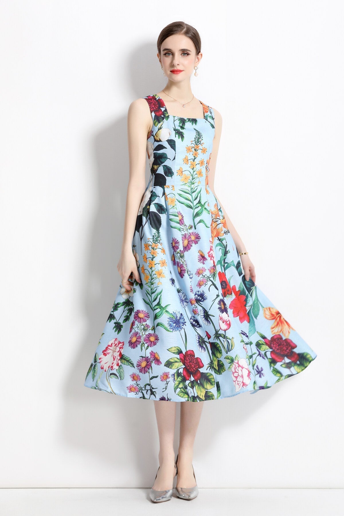 French Vintage Blue Floral High Waist Thick Strap Dress
