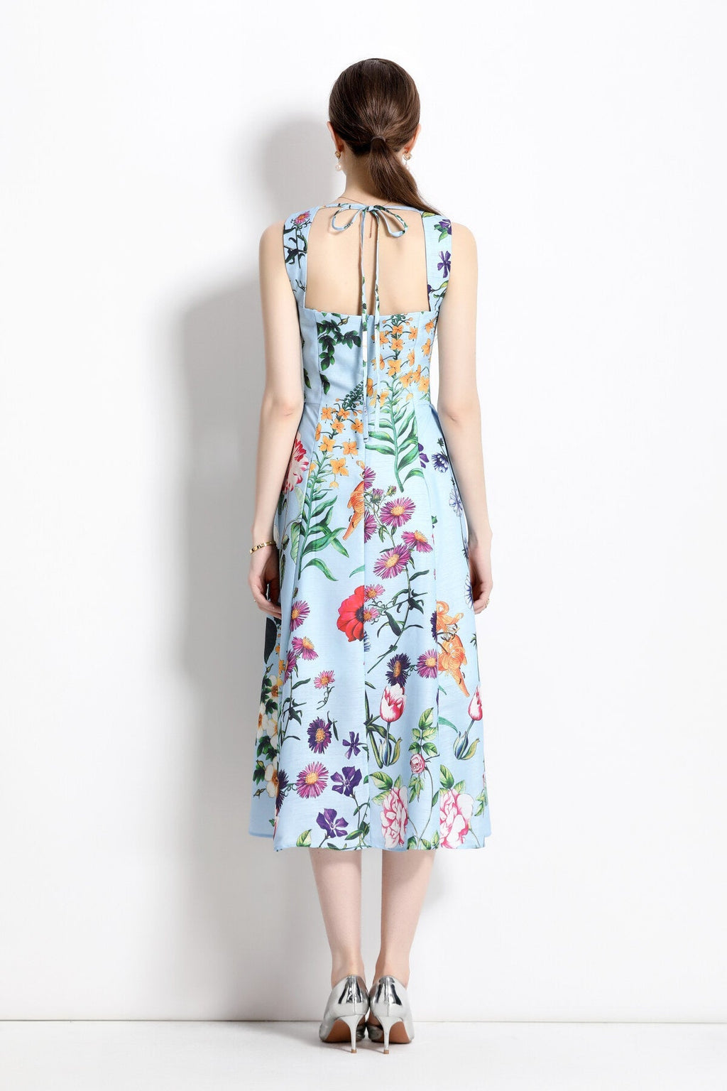 French Vintage Blue Floral High Waist Thick Strap Dress