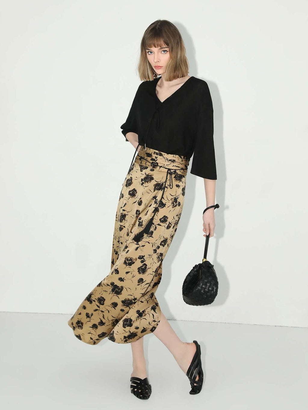 Fringe Tassel High-Waist Floral Pleated Midi Skirt-0