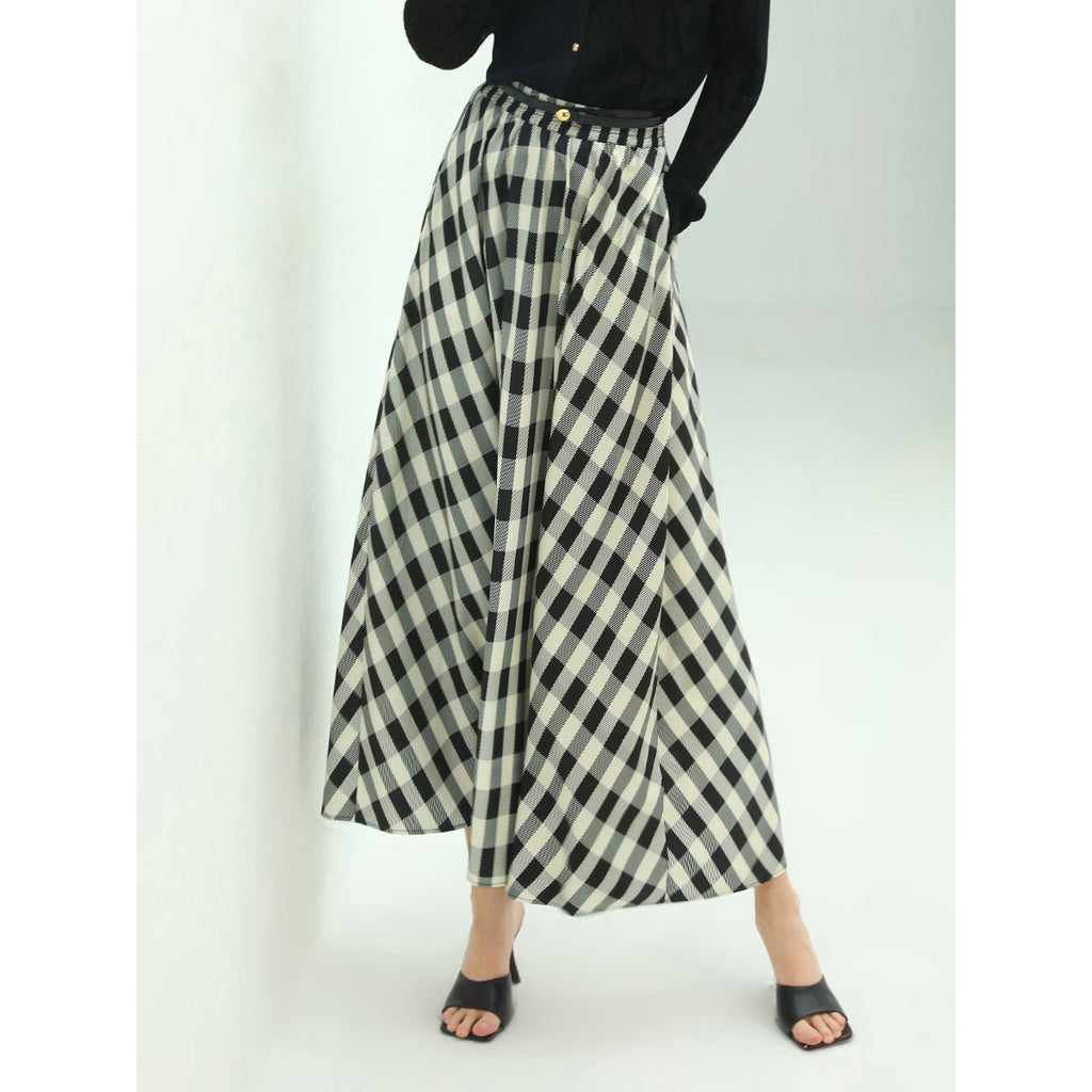 Full A Line High-Waist Checkered Maxi Skirt-0